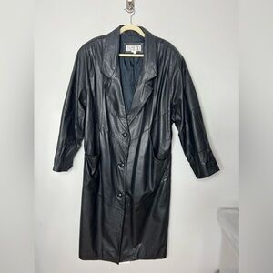 Vintage 100% Genuine Leather Black Long Trench Coat Button Front Lined EXCELLENT